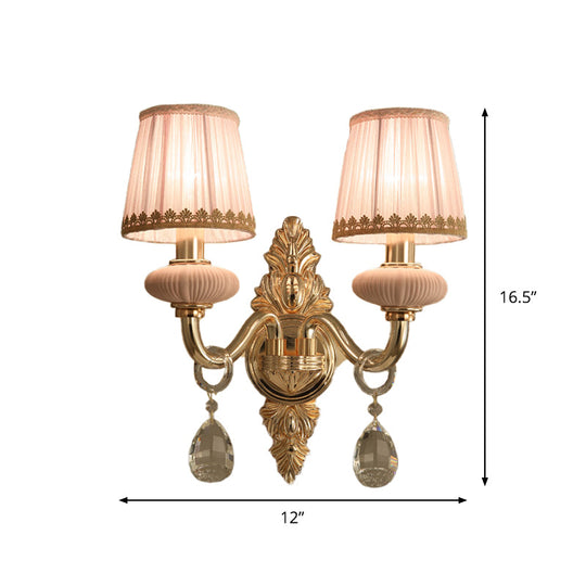 Fabric Pink Wall Light Cone 1/2-Bulb Sconce With Crystal Drop - Rural Lighting Fixture