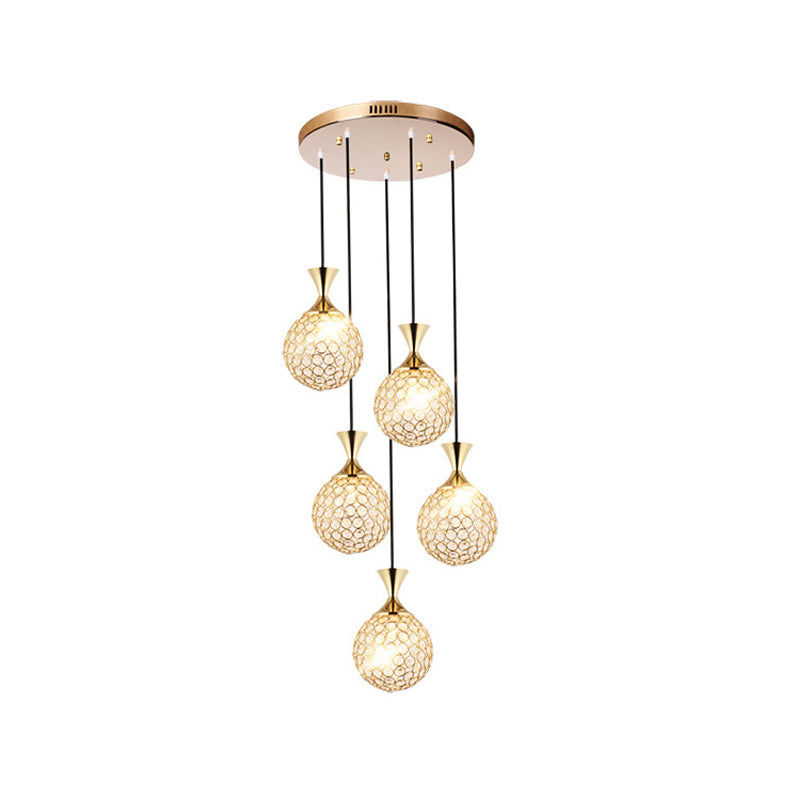 Modern Gold Crystal Cluster Pendant Light - Perfect For Dining Room 3/5 Bulbs Globe Design