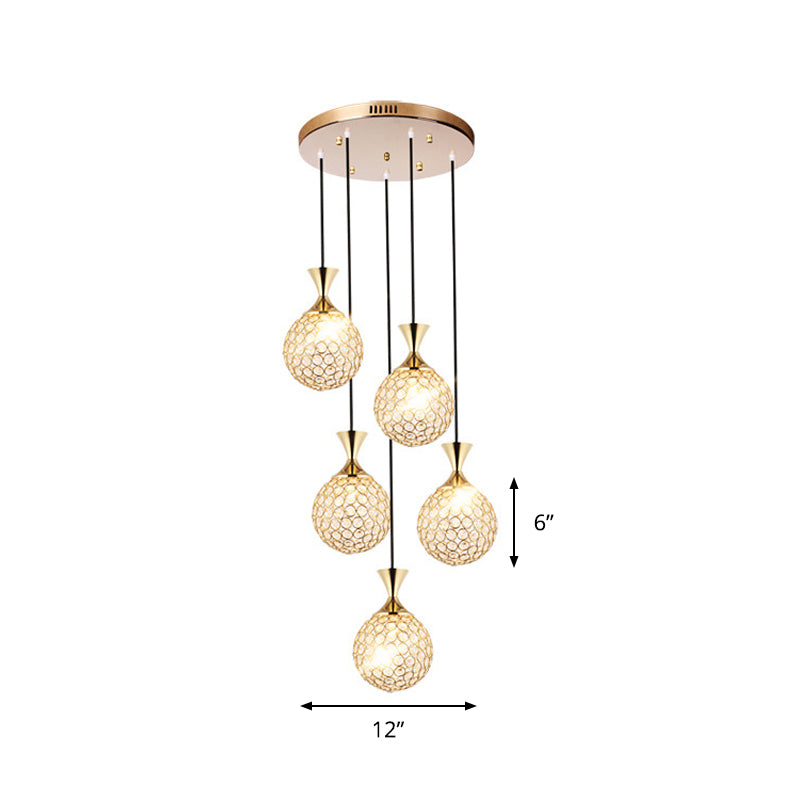 Modern Gold Crystal Cluster Pendant Light - Perfect For Dining Room 3/5 Bulbs Globe Design