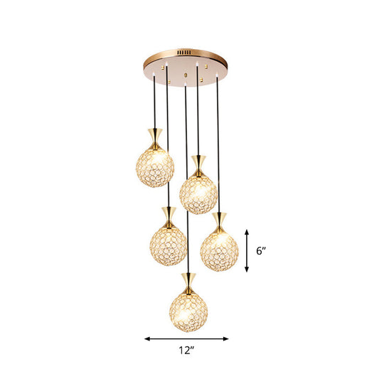 Modern Gold Crystal Cluster Pendant Light - Perfect For Dining Room 3/5 Bulbs Globe Design