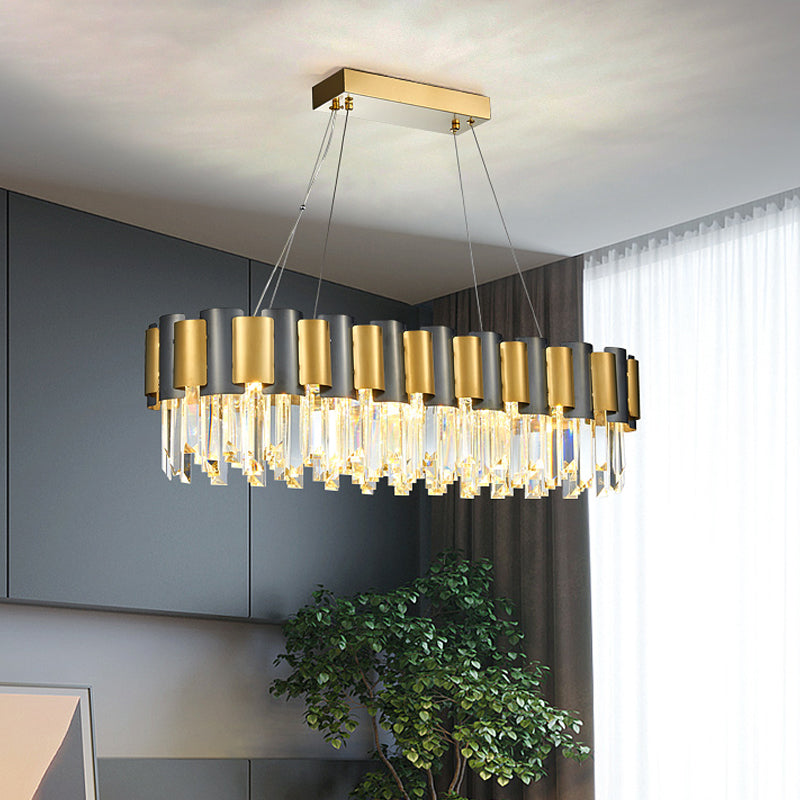 Postmodern K9 Crystal Linear Island Light With 10 Bulbs - Black And Gold Dining Room Hanging Lamp