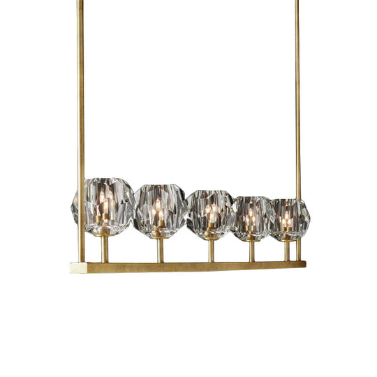 Crystal Brass Island Light With 5 Beveled Bulbs - Modern Ceiling Suspension Lamp