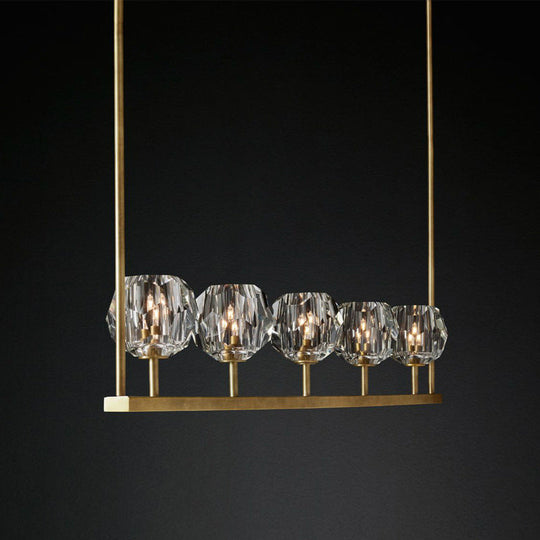 Crystal Brass Island Light With 5 Beveled Bulbs - Modern Ceiling Suspension Lamp