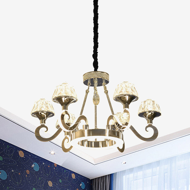 Contemporary Scrolled Arm Ceiling Light With Clear Crystal Block 6-Bulb Chandelier In Chrome Finish