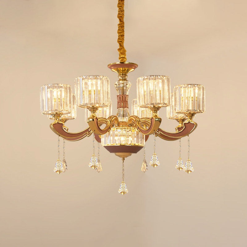 Mid Century 8-Light Crystal Block Chandelier Pendant Lamp - Gold Finish