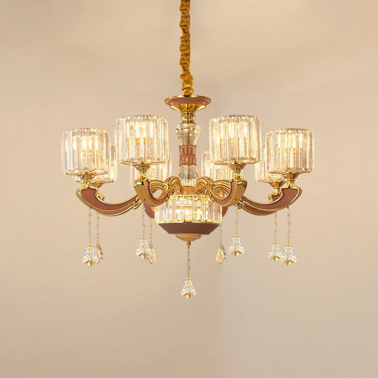 Mid Century 8-Light Crystal Block Chandelier Pendant Lamp - Gold Finish