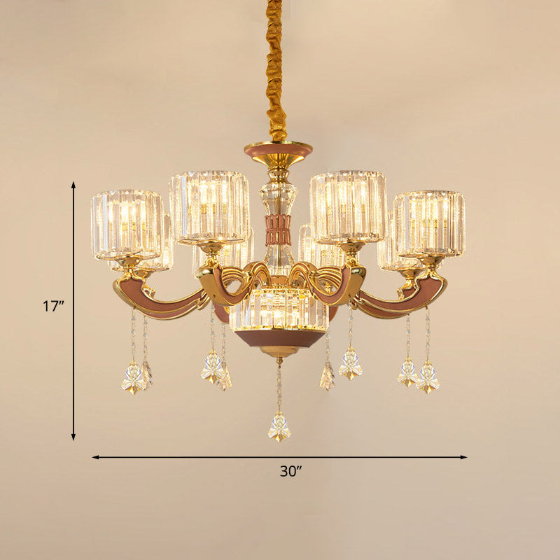 Mid Century 8-Light Crystal Block Chandelier Pendant Lamp - Gold Finish