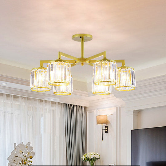 Gold K9 Crystal Cylinder Semi Flush Postmodern Ceiling Mount - 3/6 Bulb Living Room Fixture