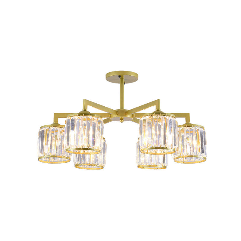 Gold K9 Crystal Cylinder Semi Flush Postmodern Ceiling Mount - 3/6 Bulb Living Room Fixture