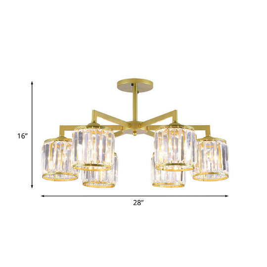 Gold K9 Crystal Cylinder Semi Flush Postmodern Ceiling Mount - 3/6 Bulb Living Room Fixture