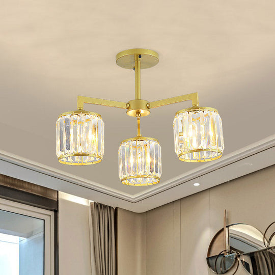 Gold K9 Crystal Cylinder Semi Flush Postmodern Ceiling Mount - 3/6 Bulb Living Room Fixture