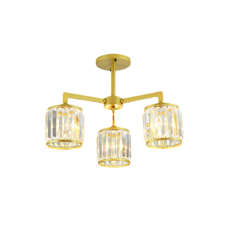 Gold K9 Crystal Cylinder Semi Flush Postmodern Ceiling Mount - 3/6 Bulb Living Room Fixture