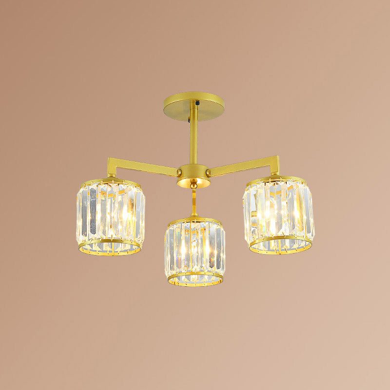 Gold K9 Crystal Cylinder Semi Flush Postmodern Ceiling Mount - 3/6 Bulb Living Room Fixture