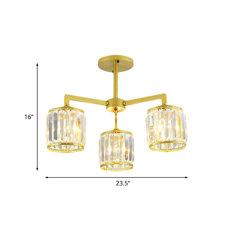 Gold K9 Crystal Cylinder Semi Flush Postmodern Ceiling Mount - 3/6 Bulb Living Room Fixture