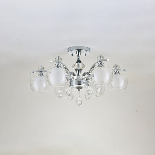 Modernist Clear Glass Sputnik Semi Flushmount - 6 Heads Chrome Flush for Living Room with Crystal Accent