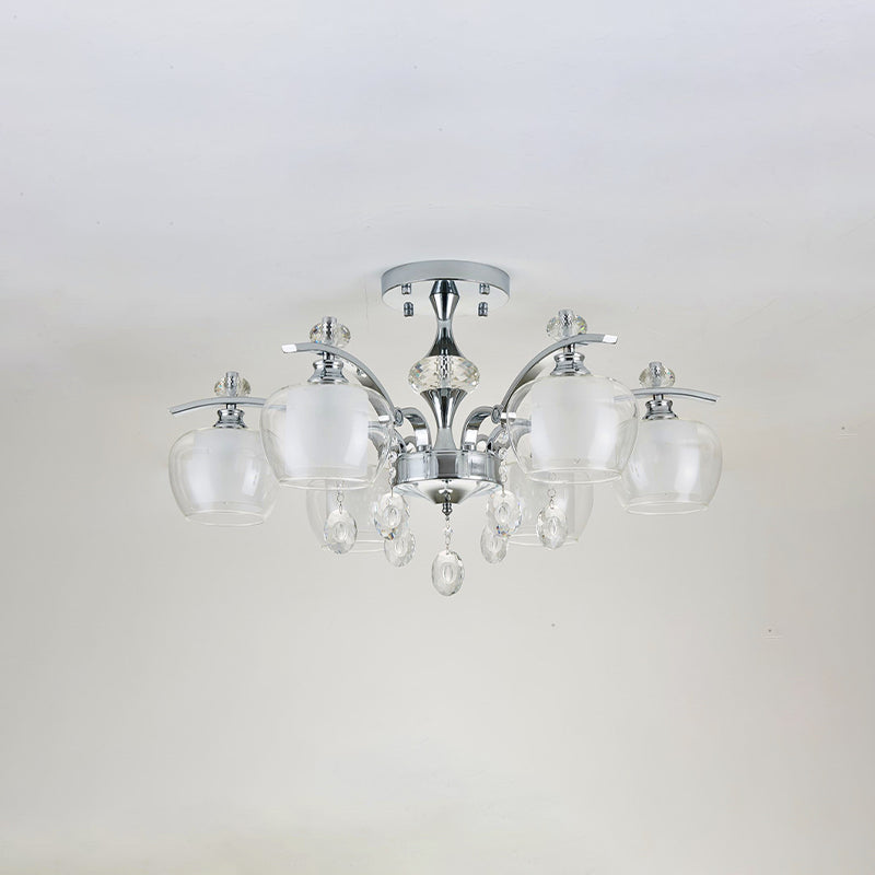 Modernist Clear Glass Sputnik Semi Flushmount - 6 Heads Chrome Flush For Living Room With Crystal