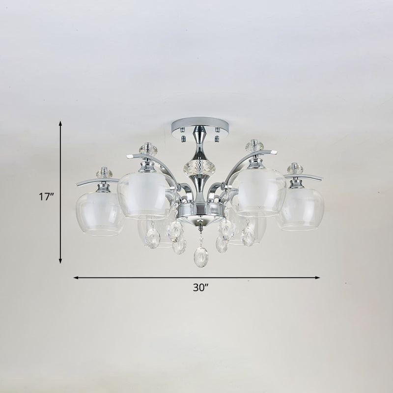 Modernist Clear Glass Sputnik Semi Flushmount - 6 Heads Chrome Flush for Living Room with Crystal Accent