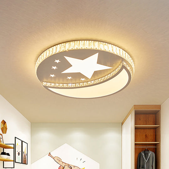 Contemporary LED Star and Moon Crystal Flush Light in White - Bedroom Flush Mount Lighting