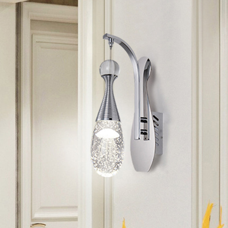 Minimalistic Chrome Led Wall Sconce Light With Seeded Crystal Teardrop - Stylish Lighting Fixture