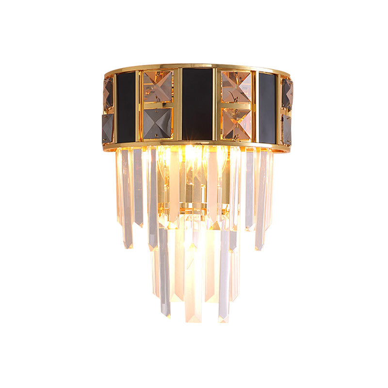 Sleek Black And Gold Tiered Wall Lamp With Clear K9 Crystal - 3 Heads Ideal For Living Room