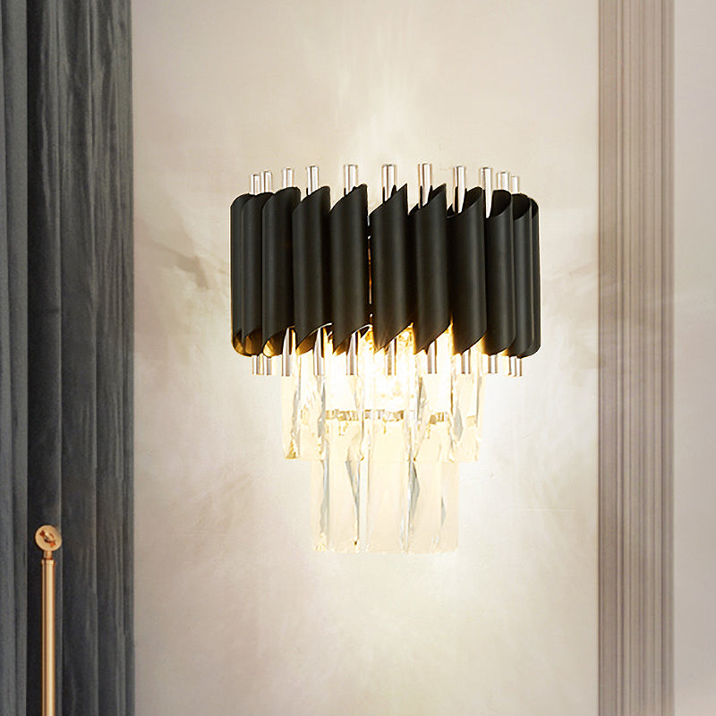 Modern 2-Light Clear K9 Crystal Wall Sconce Light Fixture In Black