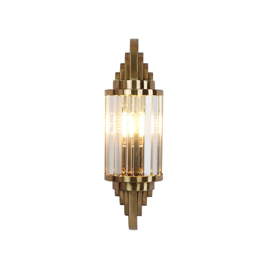 Contemporary Brass Crystal Wall Mount Lamp For Living Room - Cylinder Sconce Light