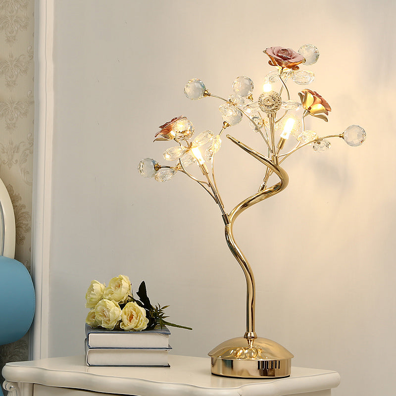 Pastoral Crystal Table Lamp - White/Pink Floret Design 3 Heads Lounge Night Light With Ceramic