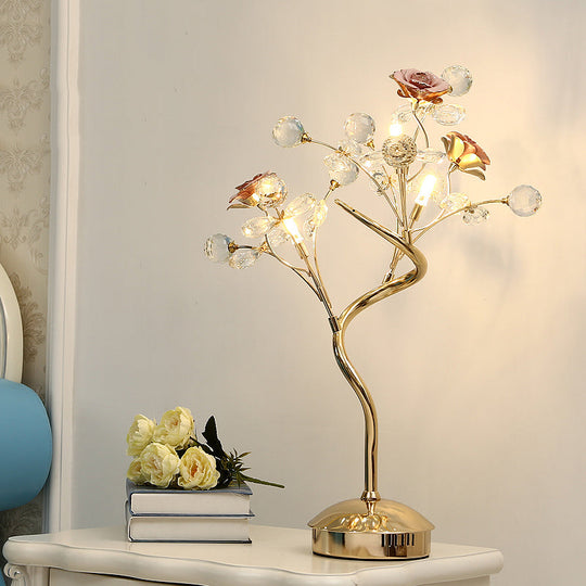 Pastoral Crystal Table Lamp - White/Pink Floret Design 3 Heads Lounge Night Light With Ceramic