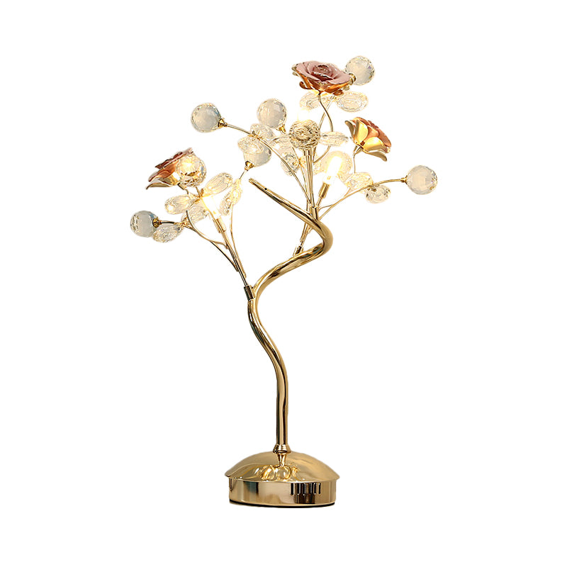 Pastoral Crystal Table Lamp - White/Pink Floret Design 3 Heads Lounge Night Light With Ceramic