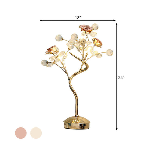 Pastoral Crystal Table Lamp - White/Pink Floret Design 3 Heads Lounge Night Light With Ceramic