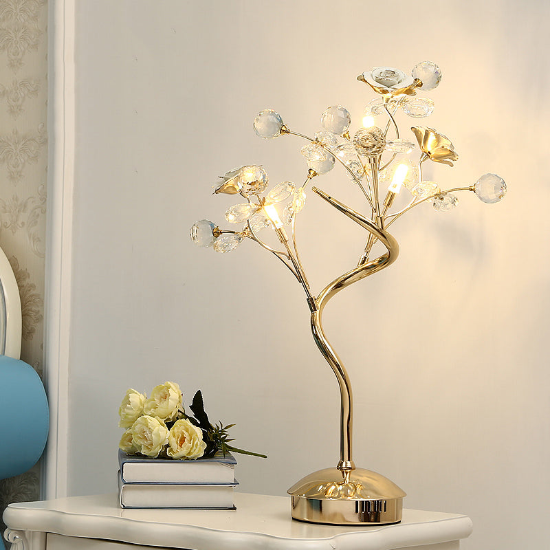 Pastoral Crystal Table Lamp - White/Pink Floret Design 3 Heads Lounge Night Light With Ceramic