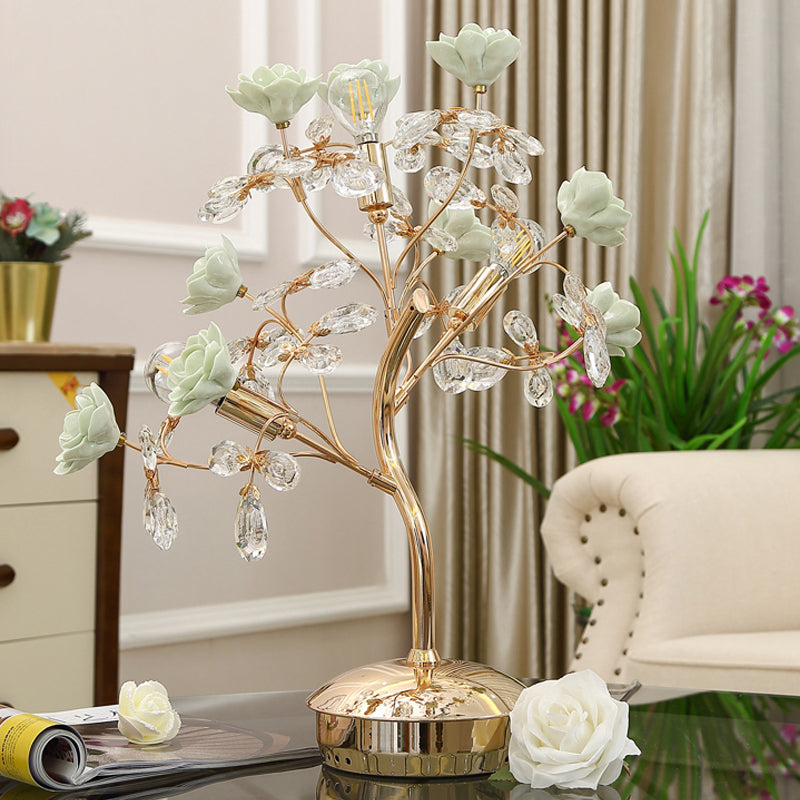 Green Ceramic Nightstand Light - Spring Blossom 3-Light American Garden Table Lamp Gold