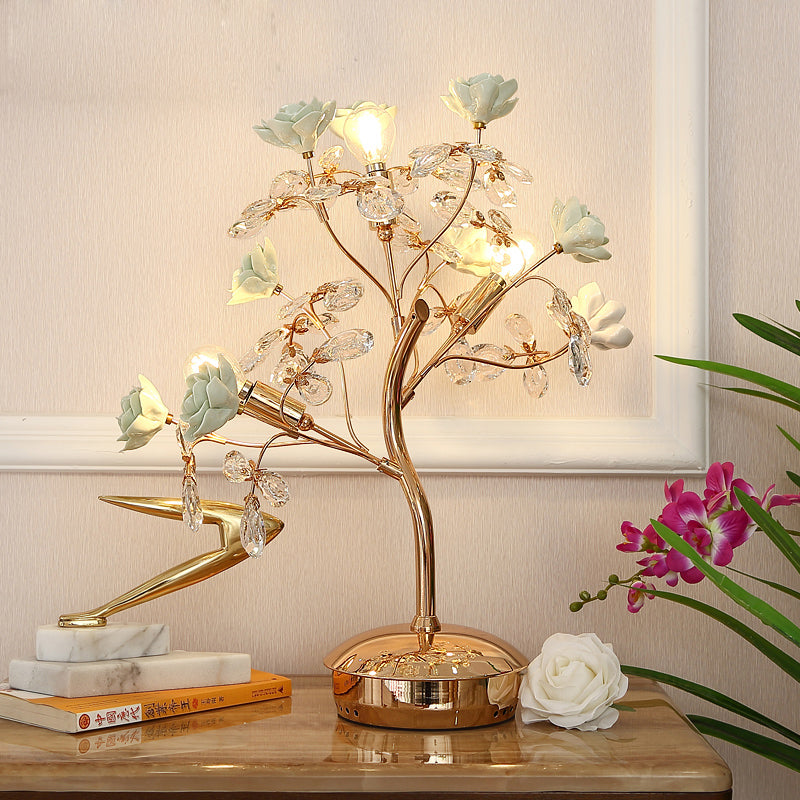 Green Ceramic Nightstand Light - Spring Blossom 3-Light American Garden Table Lamp