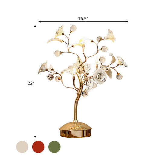 Korean Garden Night Lamp: Flower Tree Design With 3 Bulbs Ceramic Table Light In White/Red/Green