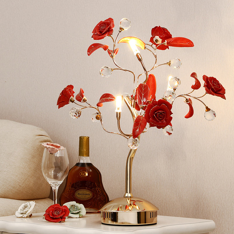 Korean Garden Night Lamp: Flower Tree Design With 3 Bulbs Ceramic Table Light In White/Red/Green