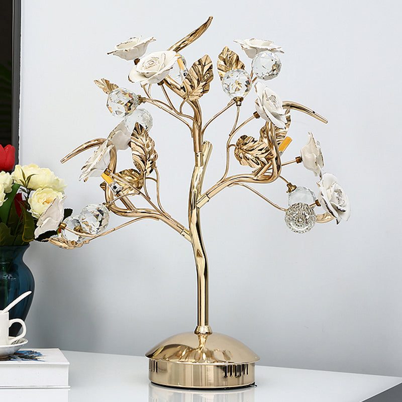 Romantic Pastoral Ceramic Flowering Tree Table Lamp With 3-Head Nightstand Light