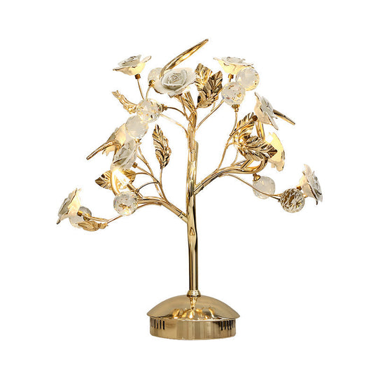 Romantic Pastoral Ceramic Flowering Tree Table Lamp With 3-Head Nightstand Light