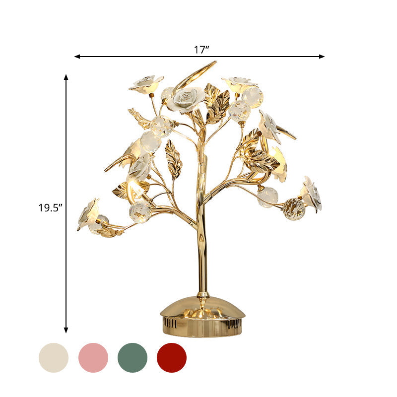 Romantic Pastoral Ceramic Flowering Tree Table Lamp With 3-Head Nightstand Light