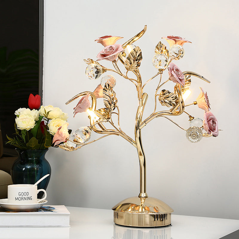 Romantic Pastoral Ceramic Flowering Tree Table Lamp With 3-Head Nightstand Light Pink