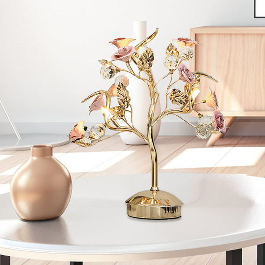 Romantic Pastoral Ceramic Flowering Tree Table Lamp With 3-Head Nightstand Light