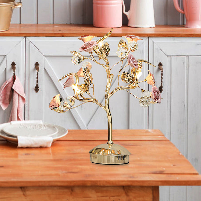 Romantic Pastoral Ceramic Flowering Tree Table Lamp With 3-Head Nightstand Light