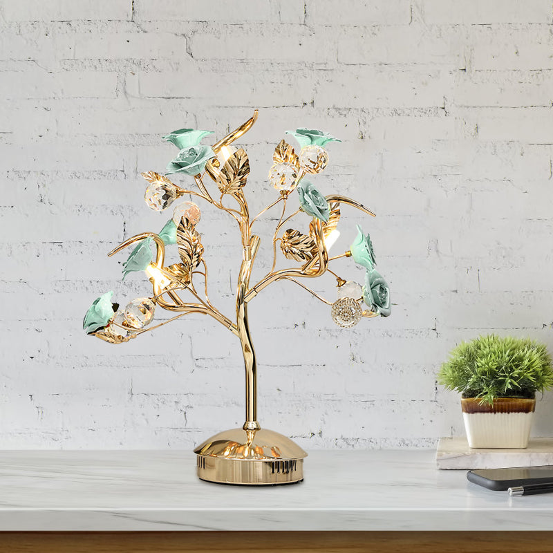 Romantic Pastoral Ceramic Flowering Tree Table Lamp With 3-Head Nightstand Light