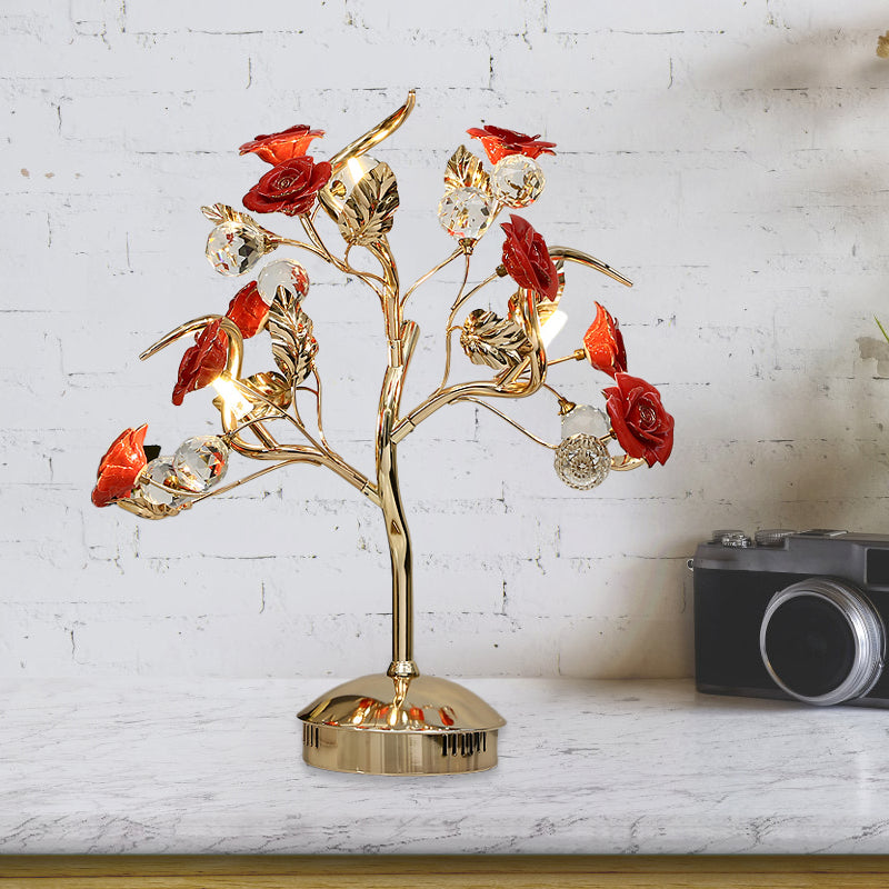 Romantic Pastoral Ceramic Flowering Tree Table Lamp With 3-Head Nightstand Light