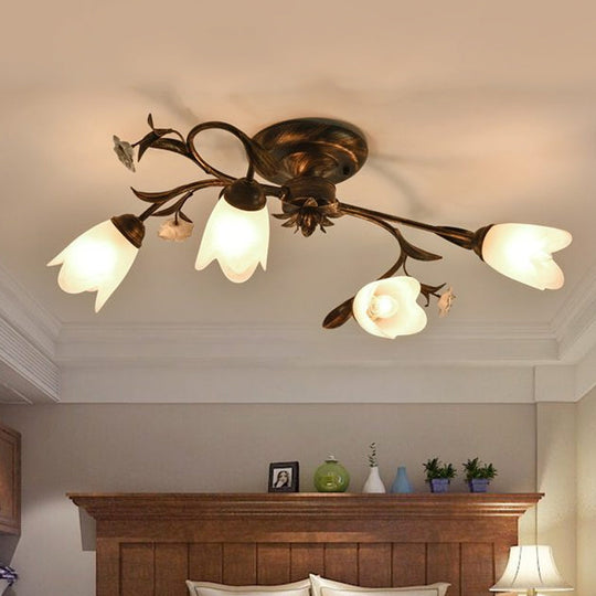 American Garden Flowers Ceilng Light - Cream Glass Semi Flush Mount Lighting in Bronze - 4/6/8 Heads