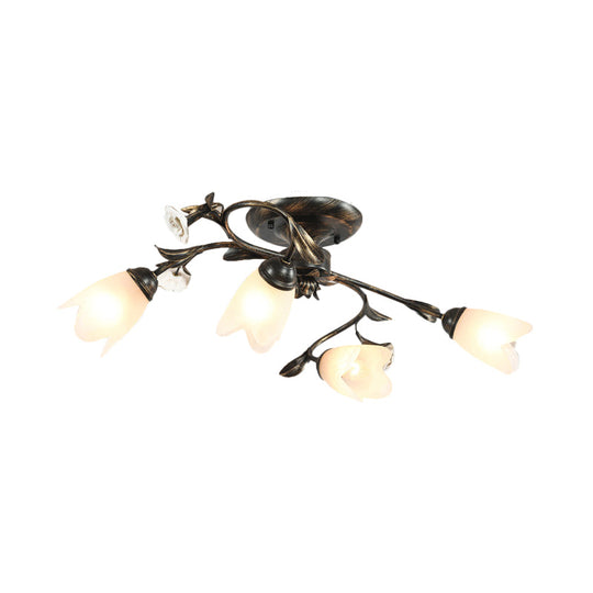 American Garden Flowers Ceilng Light - Cream Glass Semi Flush Mount Lighting in Bronze - 4/6/8 Heads