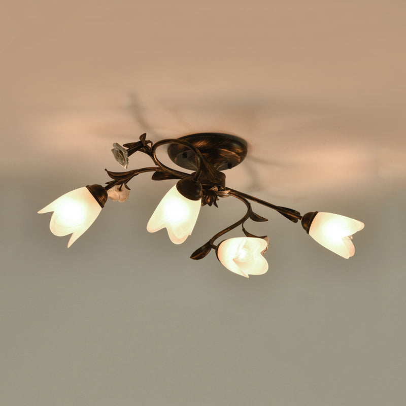 American Garden Flowers Ceilng Light - Cream Glass Semi Flush Mount Lighting in Bronze - 4/6/8 Heads