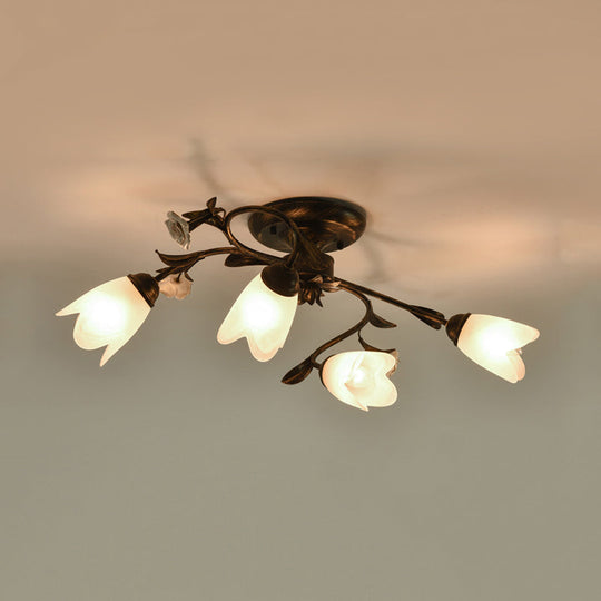 American Garden Flowers Ceilng Light - Cream Glass Semi Flush Mount Lighting in Bronze - 4/6/8 Heads