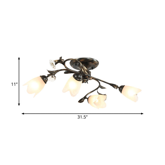 American Garden Flowers Ceilng Light - Cream Glass Semi Flush Mount Lighting in Bronze - 4/6/8 Heads