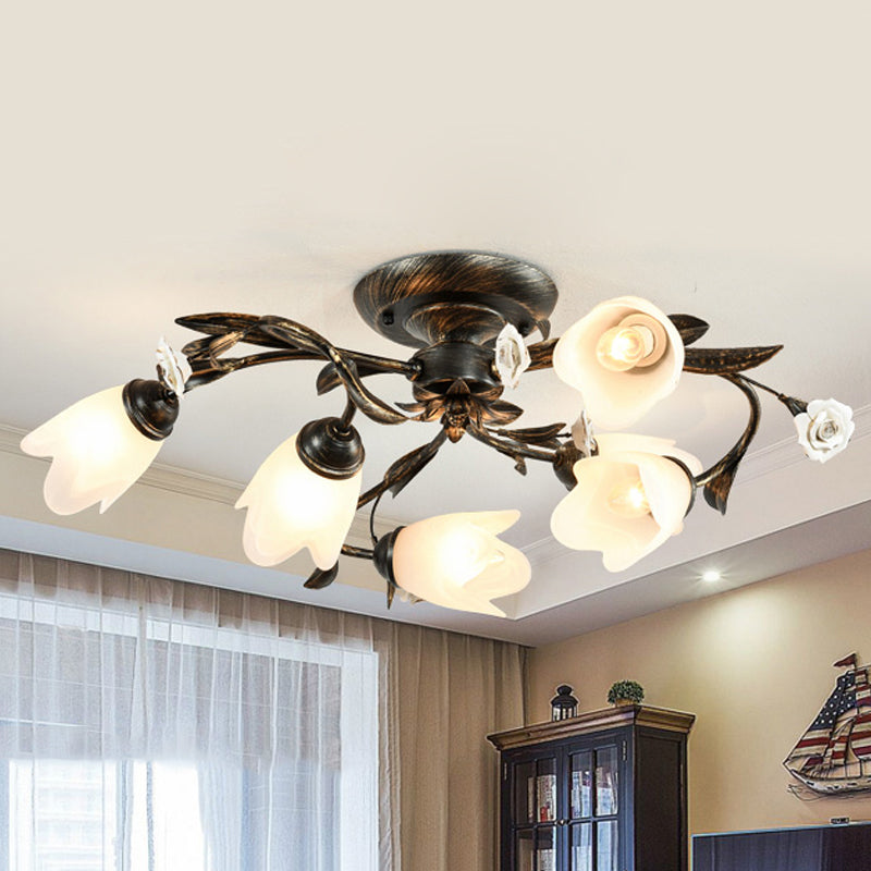 American Garden Flowers Ceilng Light - Cream Glass Semi Flush Mount Lighting in Bronze - 4/6/8 Heads