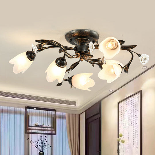 American Garden Flowers Ceilng Light - Cream Glass Semi Flush Mount Lighting in Bronze - 4/6/8 Heads